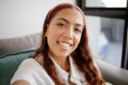 Relax, home and selfie of latina woman on the sofa enjoying free time, holiday and weekend. Beauty,